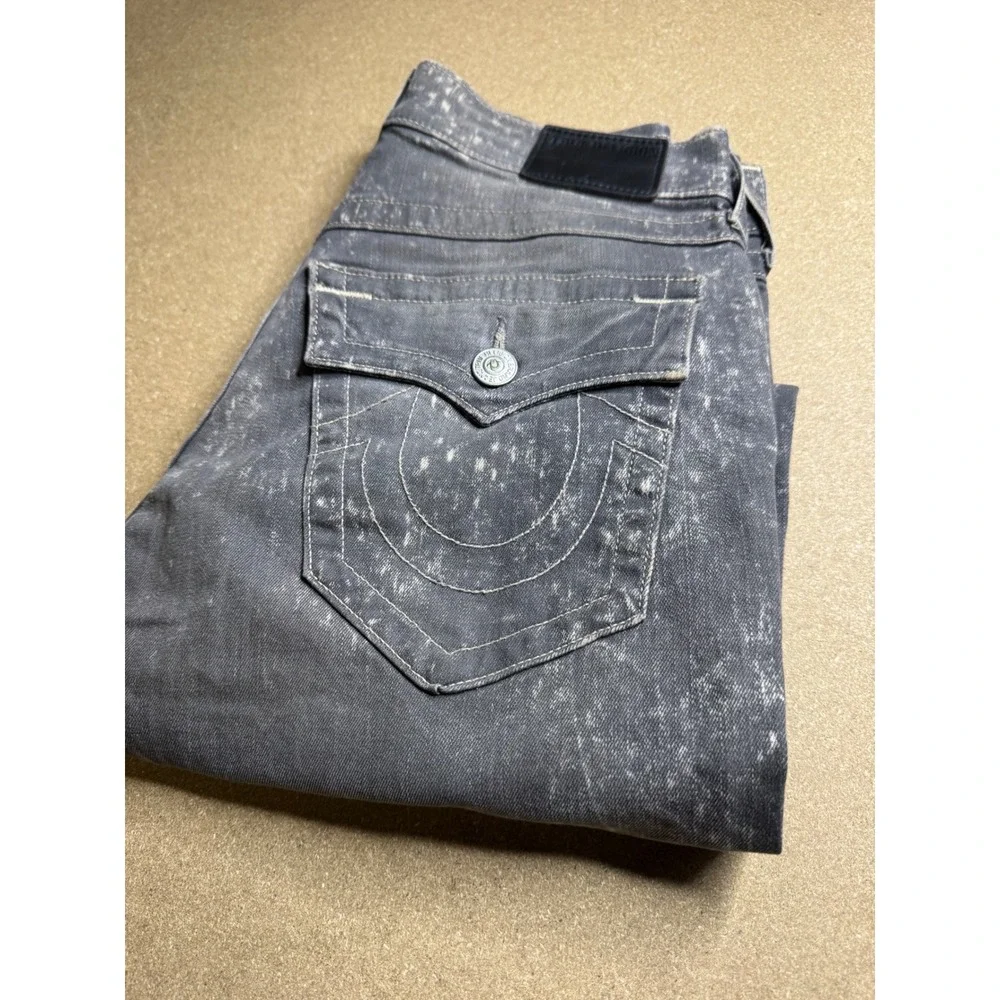 True Religion Geno Relaxed Slim Jeans Mens 29 Grey Acid Wash Flap Pocket Denim